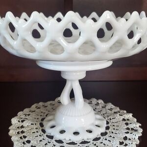 White Lattice Milk Glass Pedestal Bowl